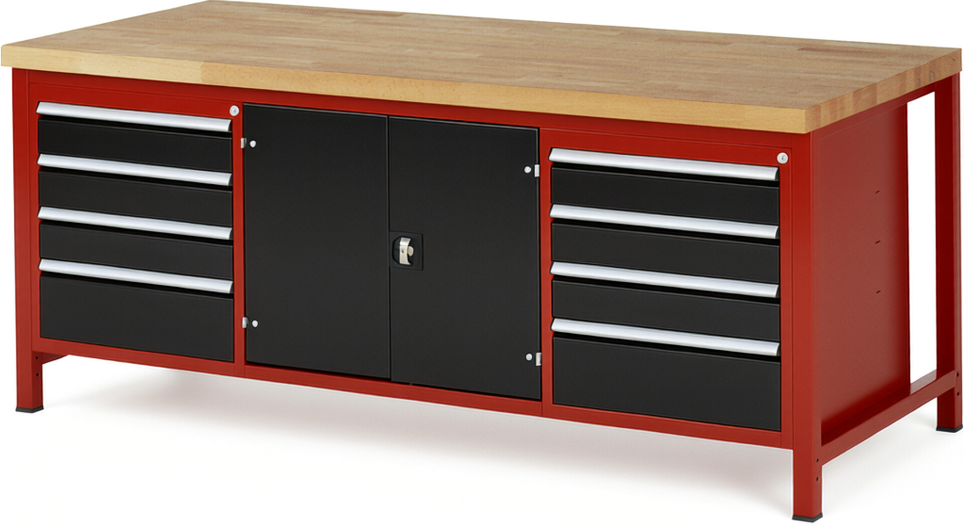 Werkbank Modell 8909 rot - schwarz, BxTxH 2000x900x840-1040 mm,  Buche-Massiv Arbeitsplatte 40 mm,  8 Schubladen mit  Auszug 90 %