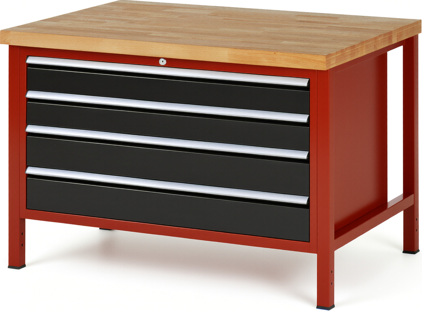 Werkbank Modell 8362 rot - schwarz, BxTxH 1250x900x840 mm,  Buche-Massiv Arbeitsplatte 40 mm,  4 Schubladen mit  Vollauszug 100 % und  SoftClosing