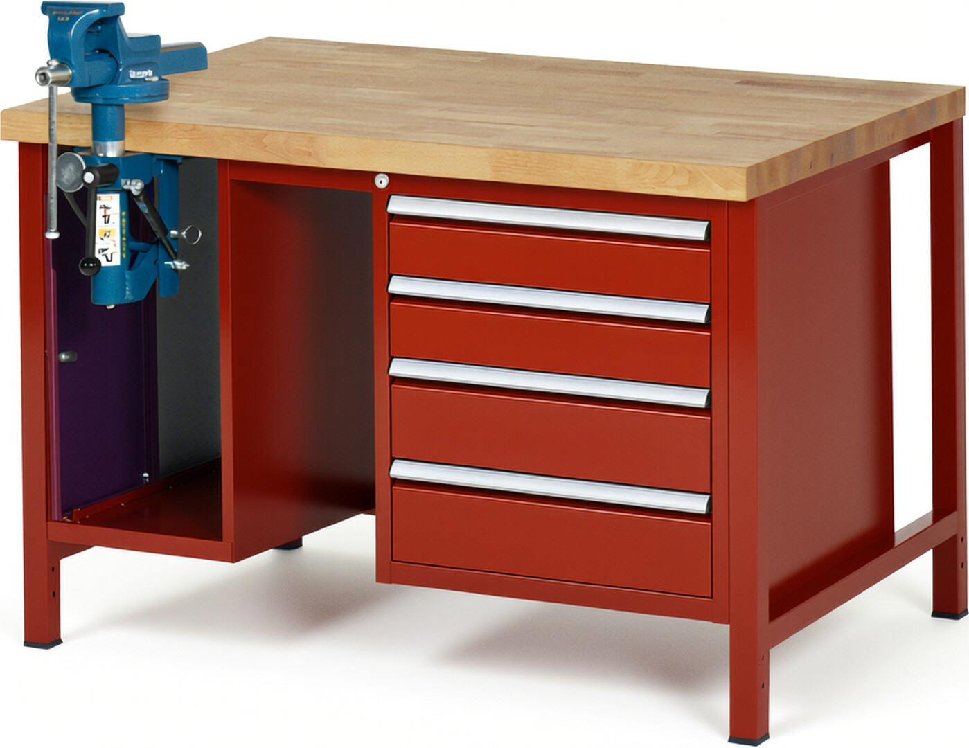 Werkbank Modell 8185 rot, BxTxH 1250x900x840 mm,  Buche-Massiv Arbeitsplatte 40 mm,  4 Schubladen mit  Vollauszug 100 % und  SoftClosing