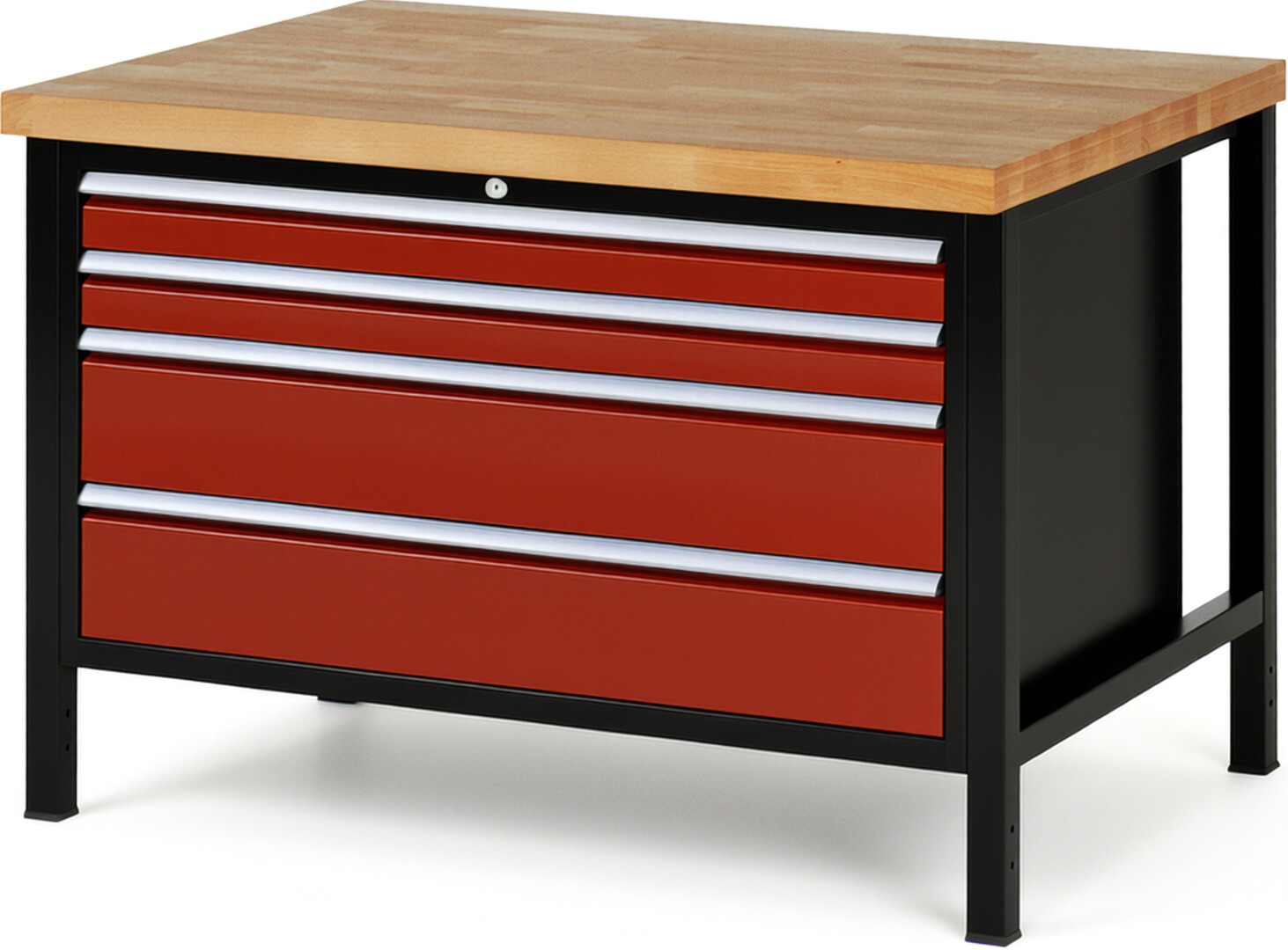 RAU Werkbank schwarz - rot - Breite 125 cm - Tiefe 90 cm - Höhe 104 cm - Buche-Massiv Arbeitsplatte 40 mm