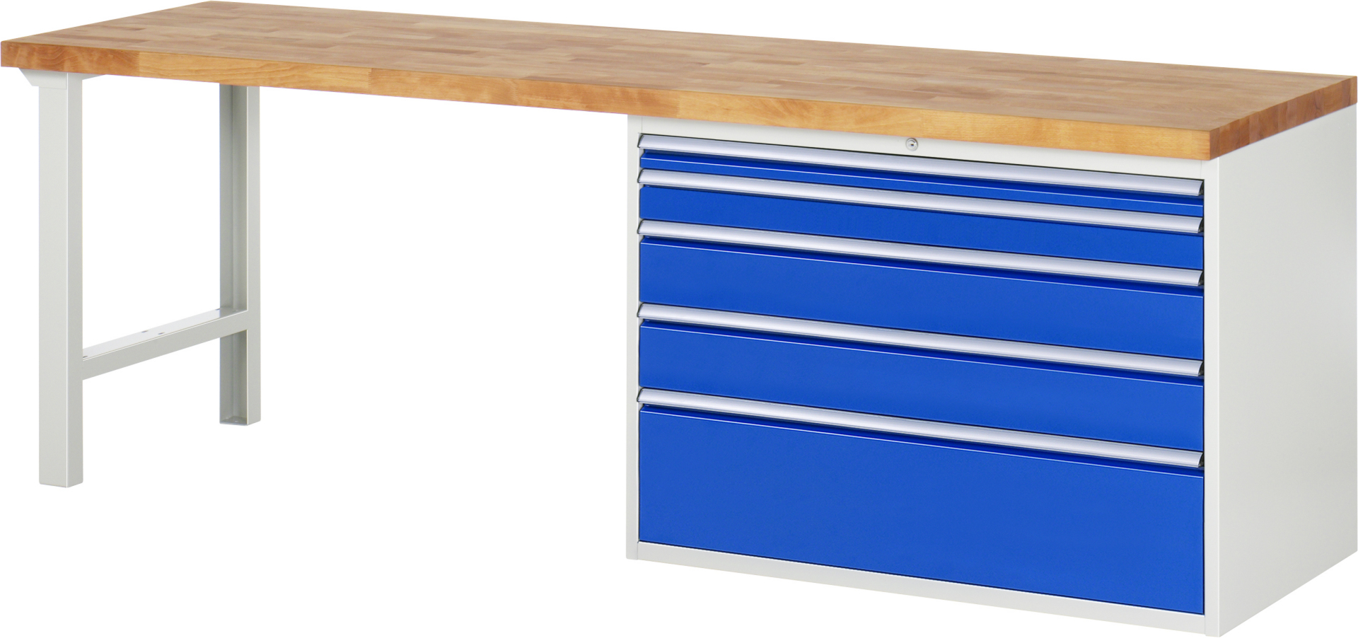 Werkbank Modell 7711 rot - schwarz, BxTxH 2500x700x840 mm,  Buche-Massiv Arbeitsplatte 40 mm,  5 Schubladen mit  Vollauszug 100 % und  SoftClosing