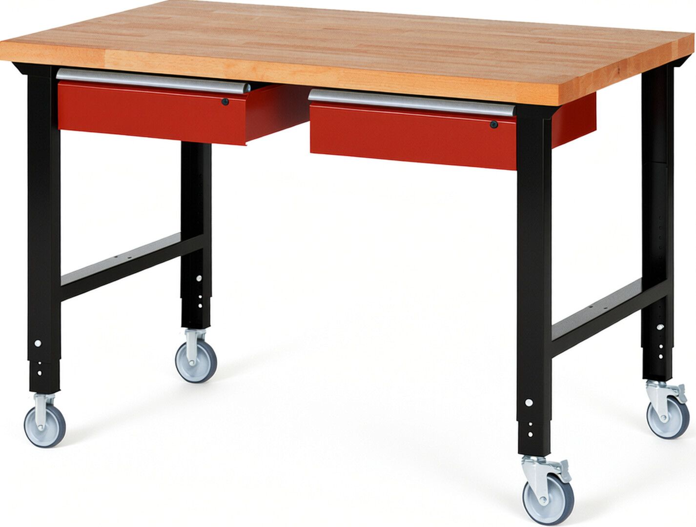 RAU Werkbank schwarz - rot - Breite 150 cm - Tiefe 90 cm - Höhe 100 cm - Buche-Massiv Arbeitsplatte 40 mm