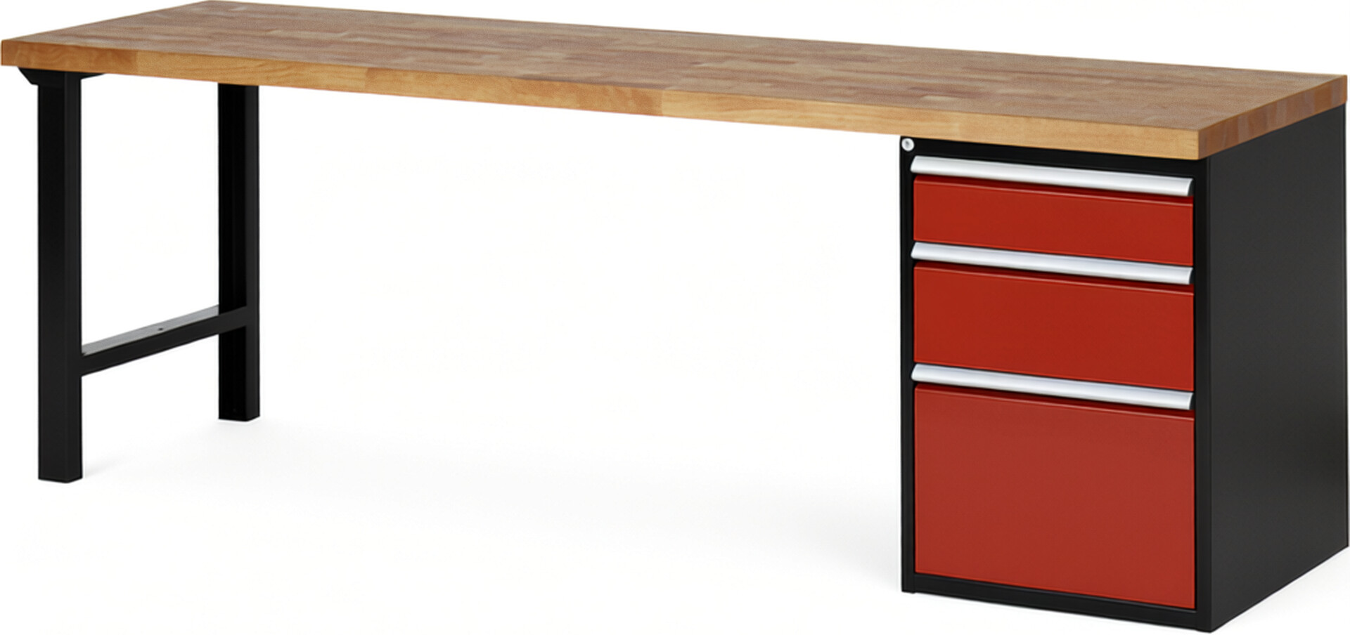 RAU Werkbank schwarz - rot - Breite 250 cm - Tiefe 70 cm - Höhe 89 cm - Buche-Massiv Arbeitsplatte 40 mm