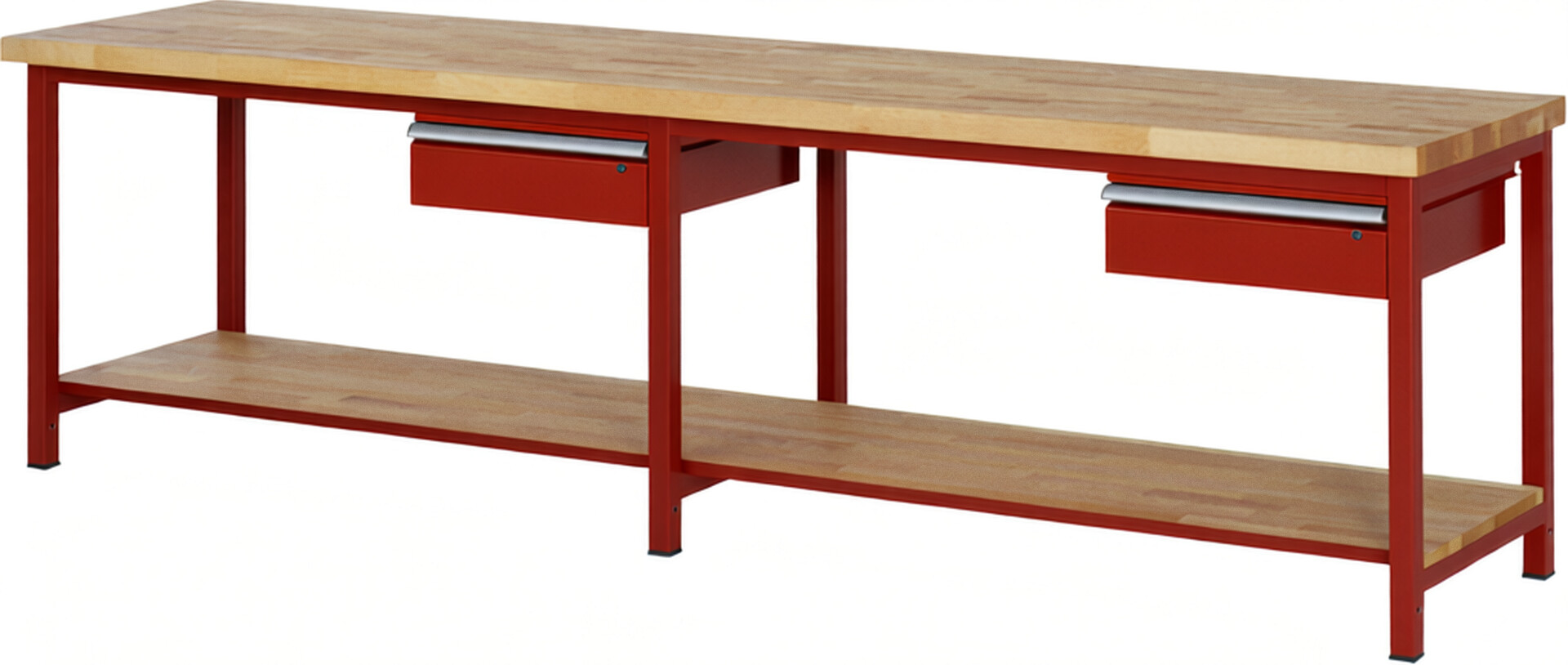 Werkbank Modell 8001 rot, BxTxH 3000x700x840 mm,  Buche-Massiv Arbeitsplatte 40 mm,  2 Schubladen mit  Auszug 90 %