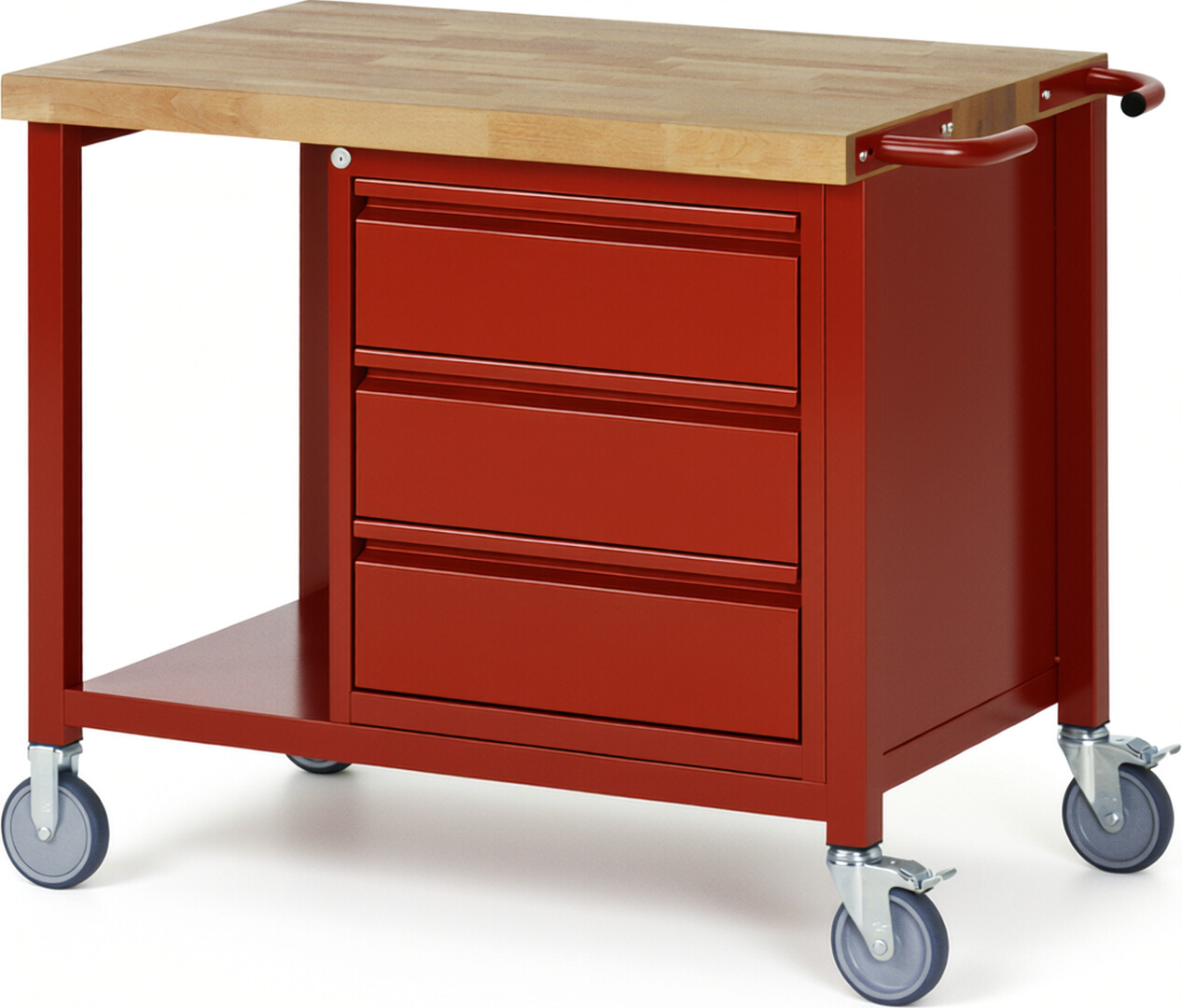 Fahrbare Werkbank - Modell 8157 BASIC rot, BxTxH 1000x700x880 mm,  Buche-Massiv Arbeitsplatte 40 mm,  3 Schubladen mit  Auszug 90 %