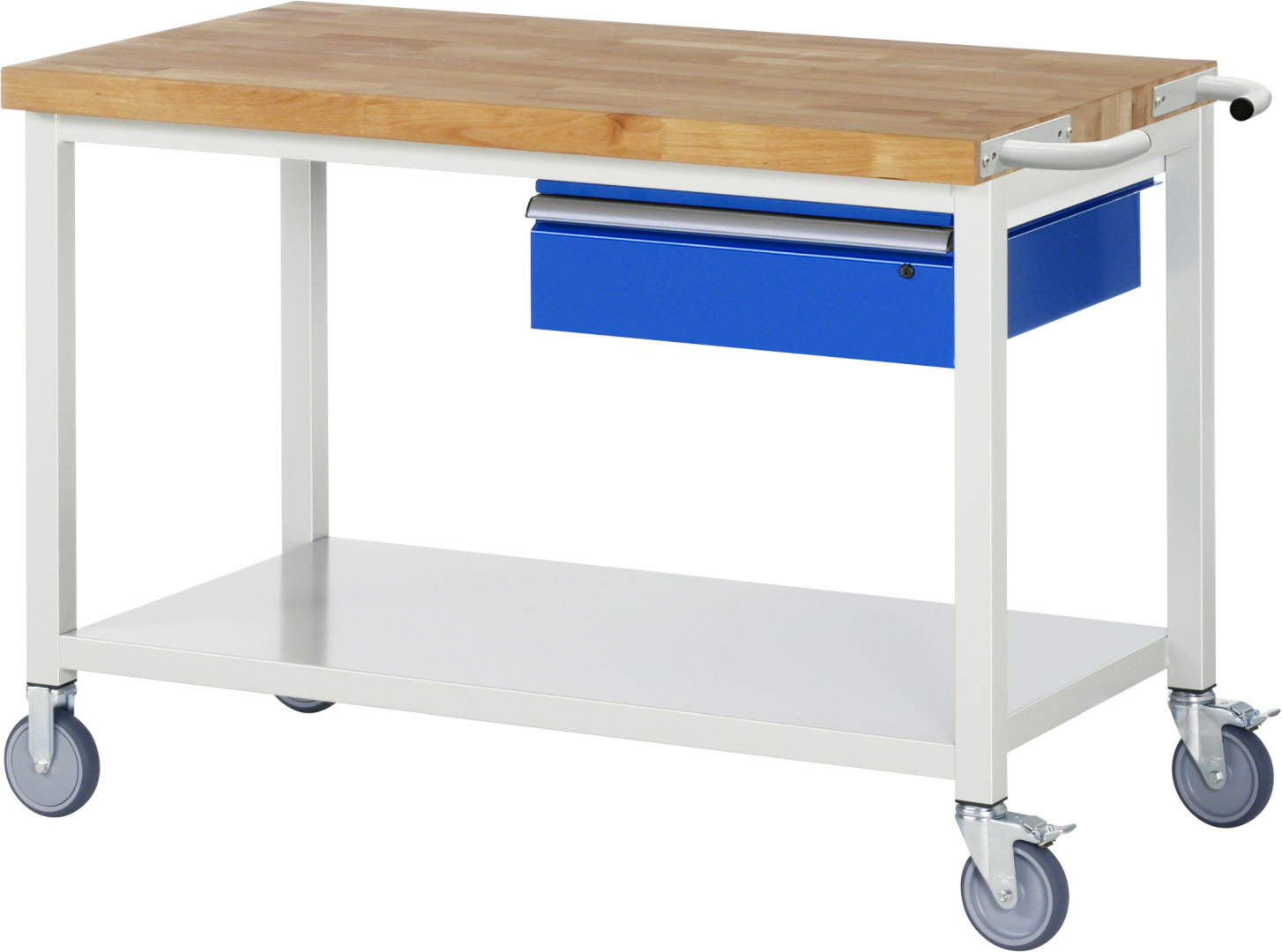 Fahrbare Werkbank Modell 8001 rot - schwarz, BxTxH 1250x700x880-1080 mm,  Buche-Massiv Arbeitsplatte 40 mm,  1 Schublade mit  Auszug 90 %