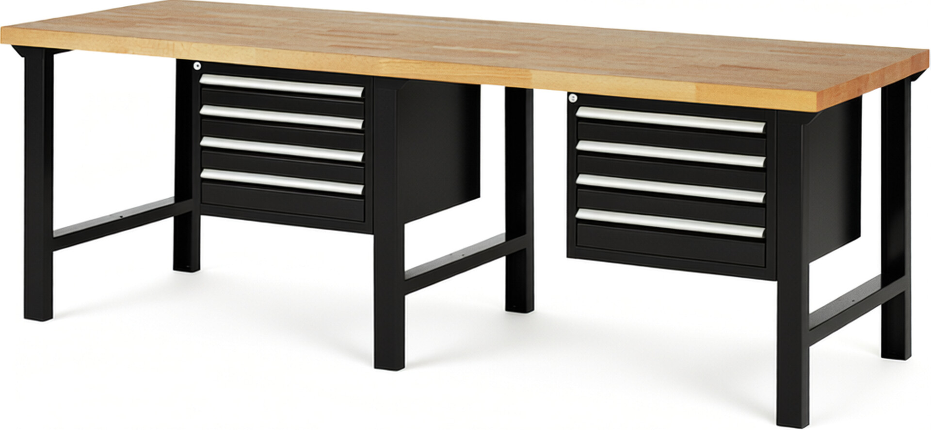 Werkbank Modell 7133 schwarz, BxTxH 2500x900x840 mm,  Buche-Massiv Arbeitsplatte 40 mm,  8 Schubladen mit  Vollauszug 100 % und  SoftClosing