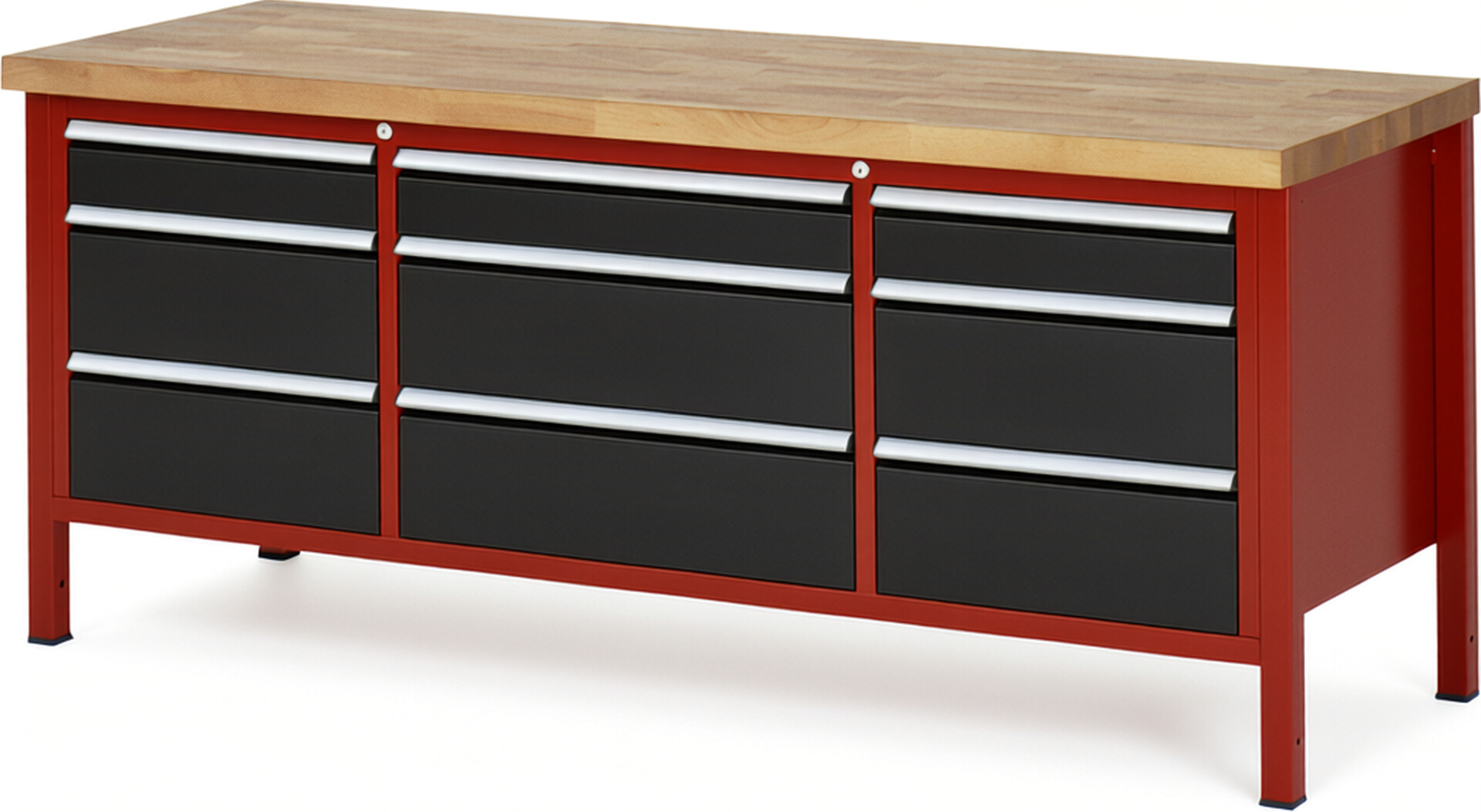 Werkbank Modell 8753 rot - schwarz, BxTxH 2000x700x840-1040 mm,  Buche-Massiv Arbeitsplatte 40 mm,  9 Schubladen mit  Vollauszug 100 % und  SoftClosing