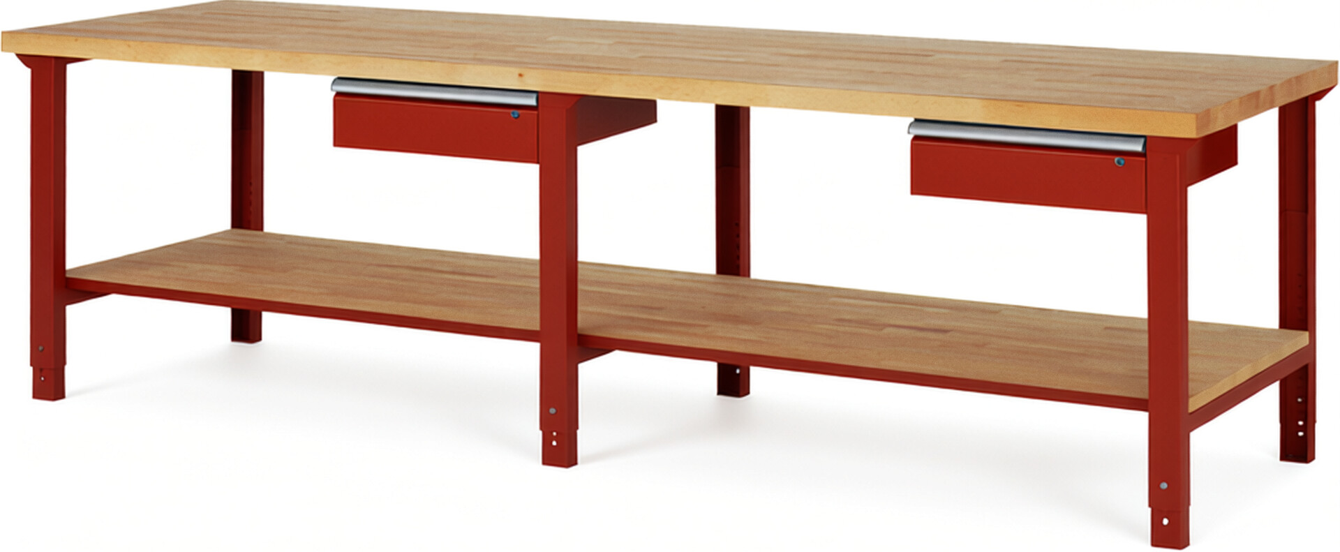 RAU Werkbank rot - Breite 300 cm - Tiefe 90 cm - Höhe 114 cm - Buche-Massiv Arbeitsplatte 40 mm