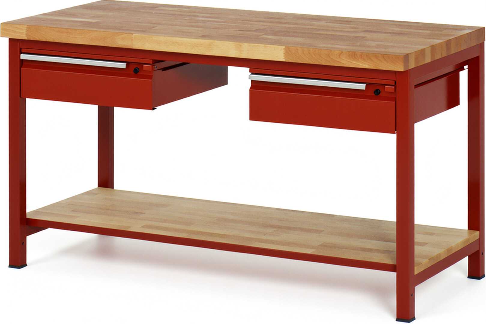 Werkbank - Modell 8002 BASIC rot, BxTxH 1500x700x840 mm,  Buche-Massiv Arbeitsplatte 40 mm,  2 Schubladen mit  Auszug 90 %