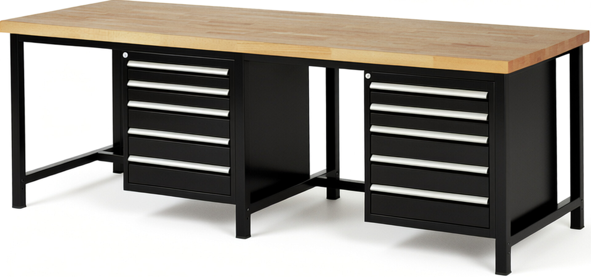 Werkbank Modell 8171 schwarz, BxTxH 2500x900x840-1040 mm,  Buche-Massiv Arbeitsplatte 40 mm,  10 Schubladen mit  Auszug 90 %