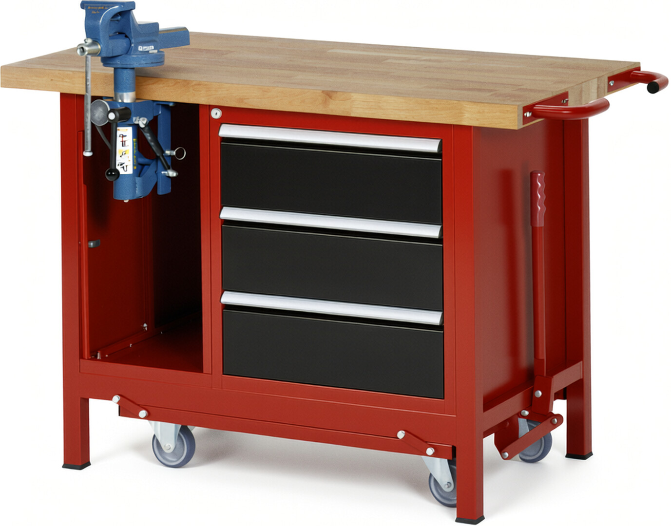 Absenkbare Werkbank Modell 8183 rot - schwarz, BxTxH 1250x700x880 mm,  Buche-Massiv Arbeitsplatte 40 mm,  3 Schubladen mit  Vollauszug 100 % und  SoftClosing