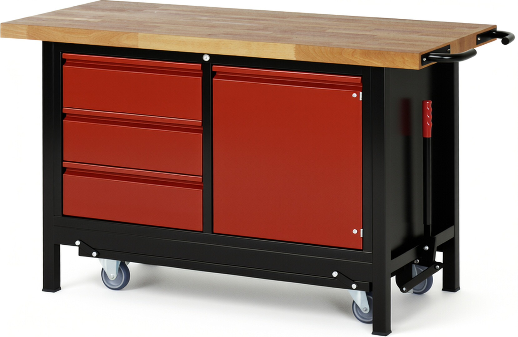 RAU Werkbank schwarz - rot - Breite 150 cm - Tiefe 70 cm - Höhe 88 cm - Buche-Massiv Arbeitsplatte 40 mm