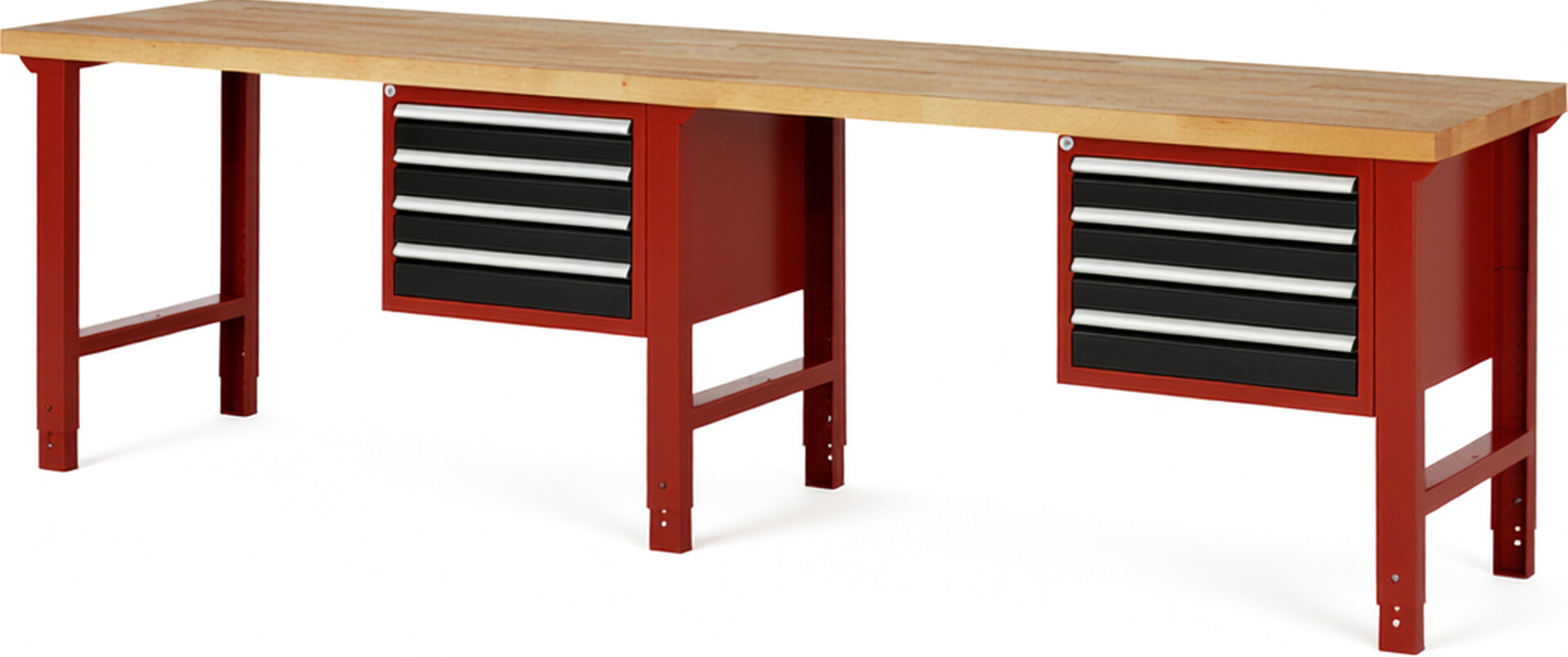 Werkbank Modell 7133 rot - schwarz, BxTxH 3000x700x790-1140 mm,  Buche-Massiv Arbeitsplatte 40 mm,  8 Schubladen mit  Vollauszug 100 % und  SoftClosing