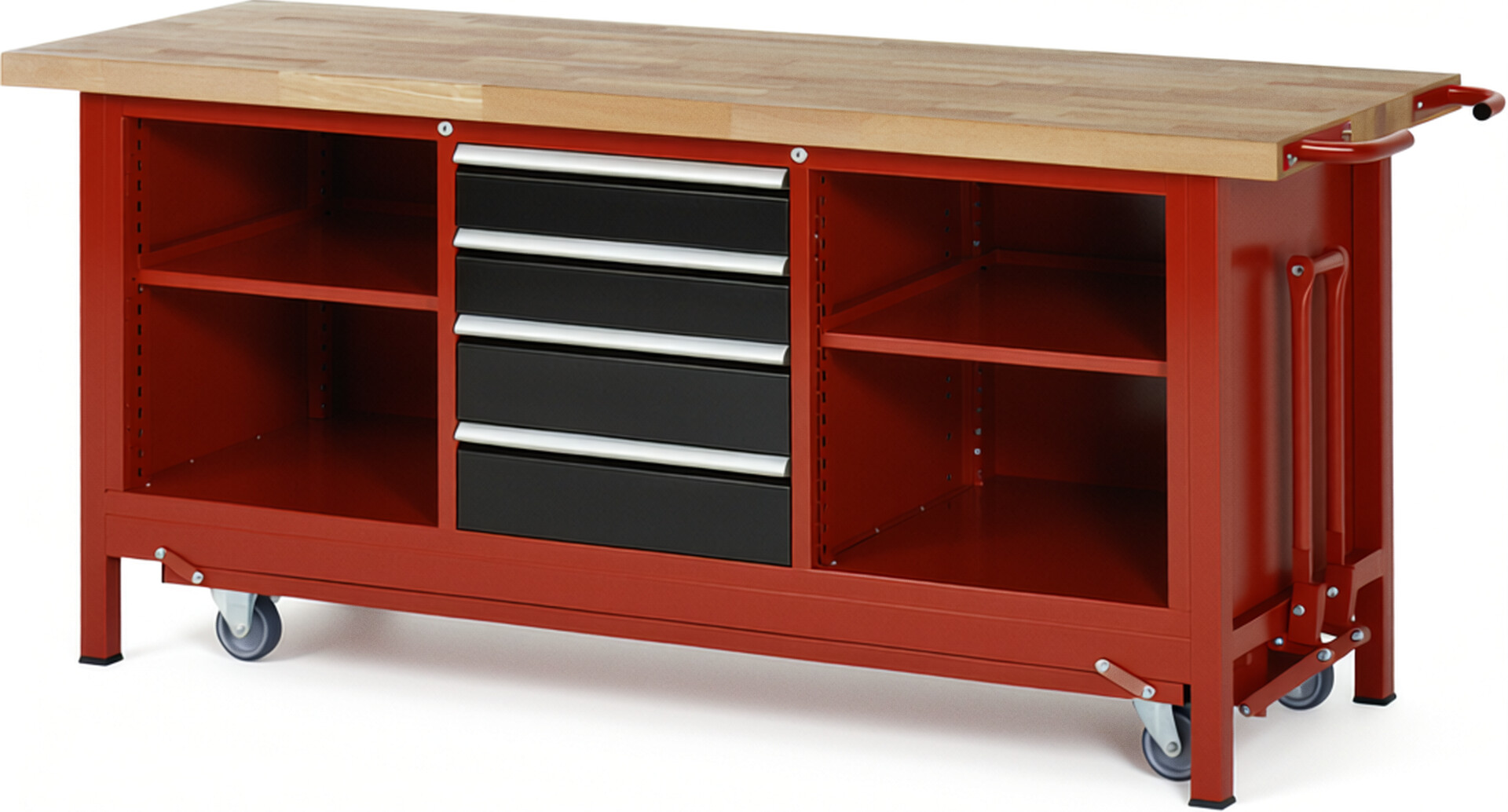 Absenkbare Werkbank Modell 8566 rot - schwarz, BxTxH 2000x700x880 mm,  Buche-Massiv Arbeitsplatte 40 mm,  4 Schubladen mit  Auszug 90 %