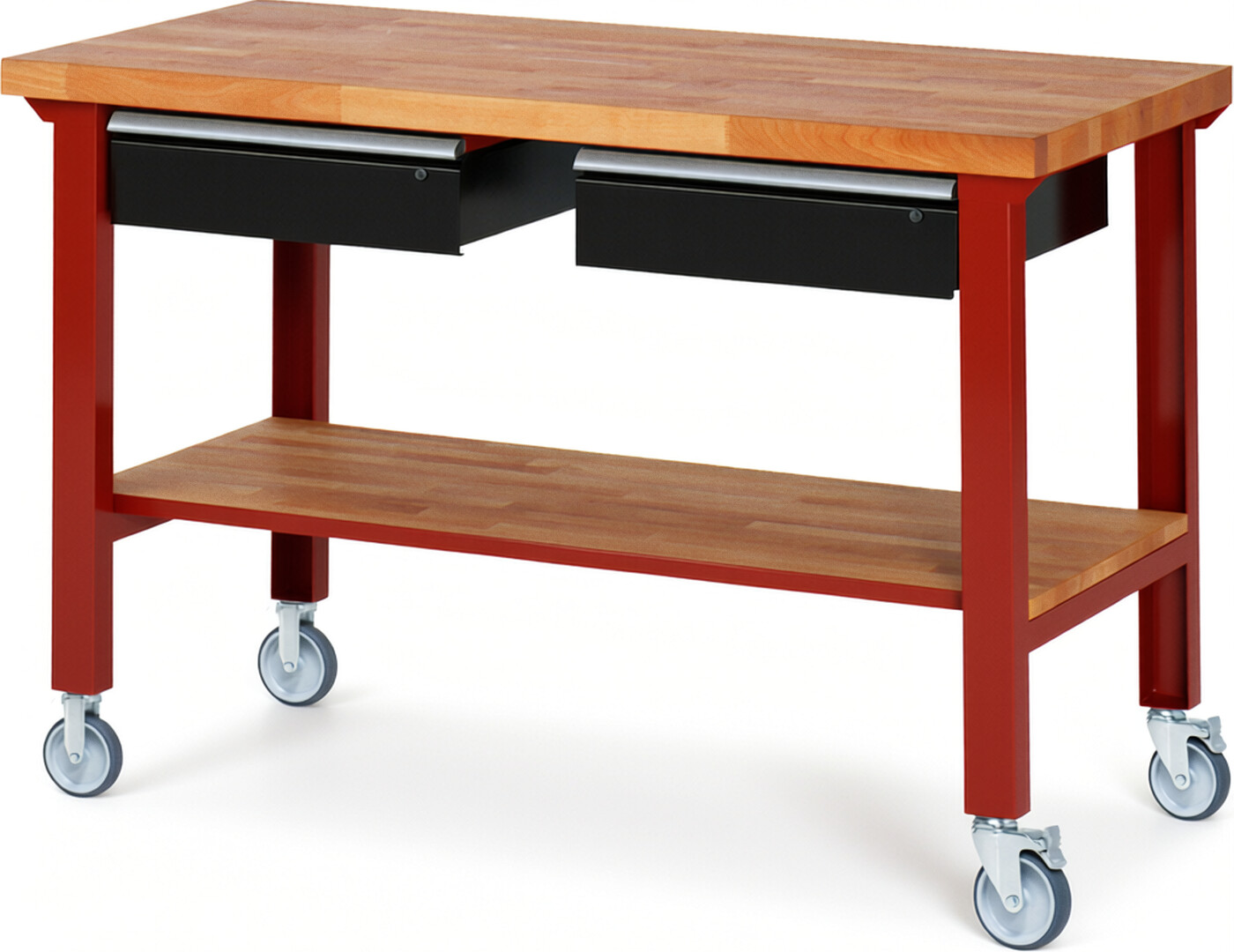 Fahrbare Werkbank Modell 7002 rot - schwarz, BxTxH 1500x700x1000 mm,  Buche-Massiv Arbeitsplatte 40 mm,  2 Schubladen mit  Auszug 90 %