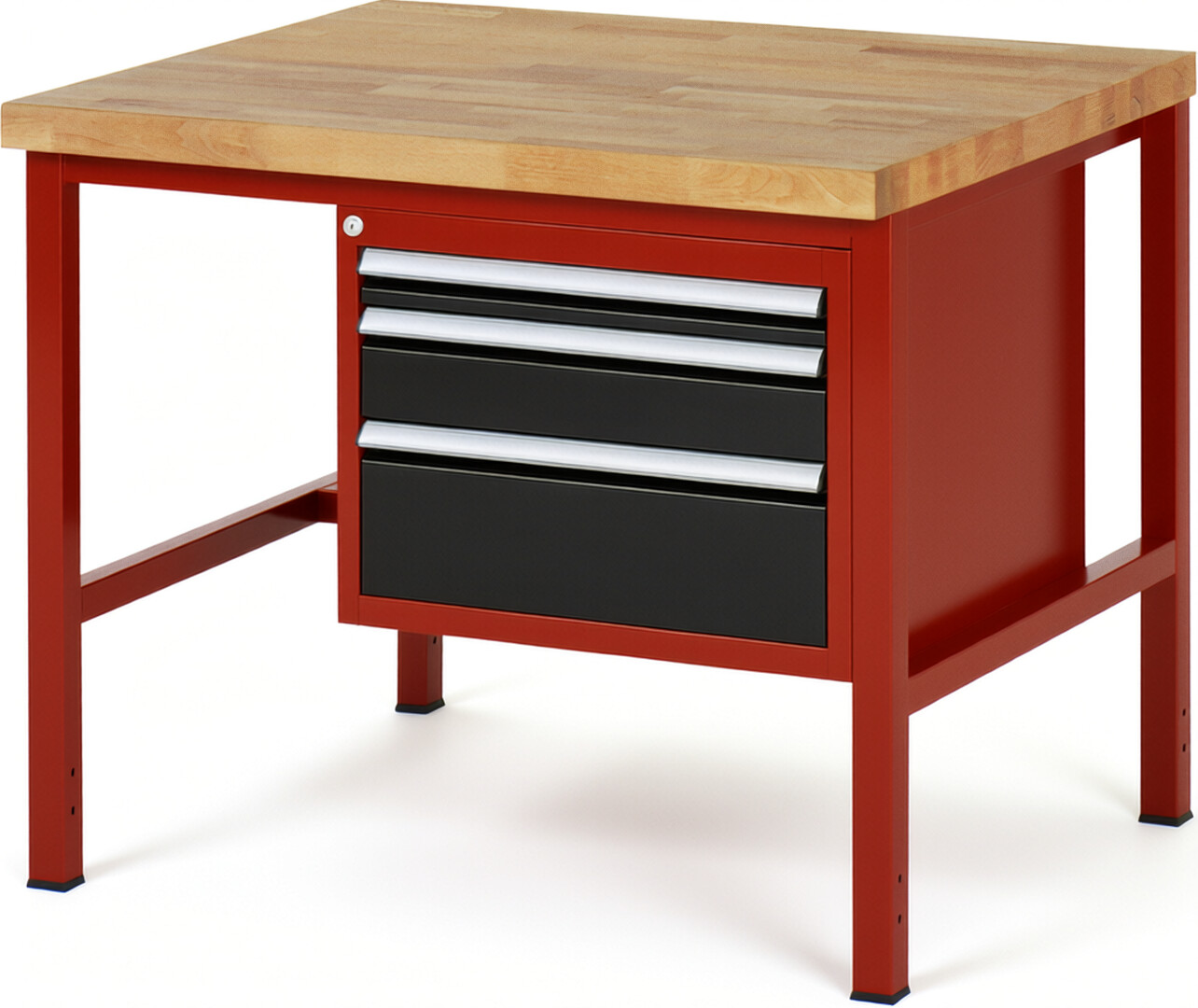 Werkbank Modell 8126 rot - schwarz, BxTxH 1000x900x840-1040 mm,  Buche-Massiv Arbeitsplatte 40 mm,  3 Schubladen mit  Auszug 90 %