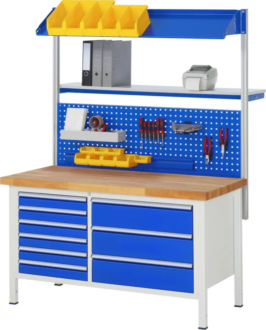 Werkbank Modell 8653 rot, BxTxH 1500x900x840-1040 mm,  Buche-Massiv Arbeitsplatte 40 mm,  9 Schubladen mit  Auszug 90 %