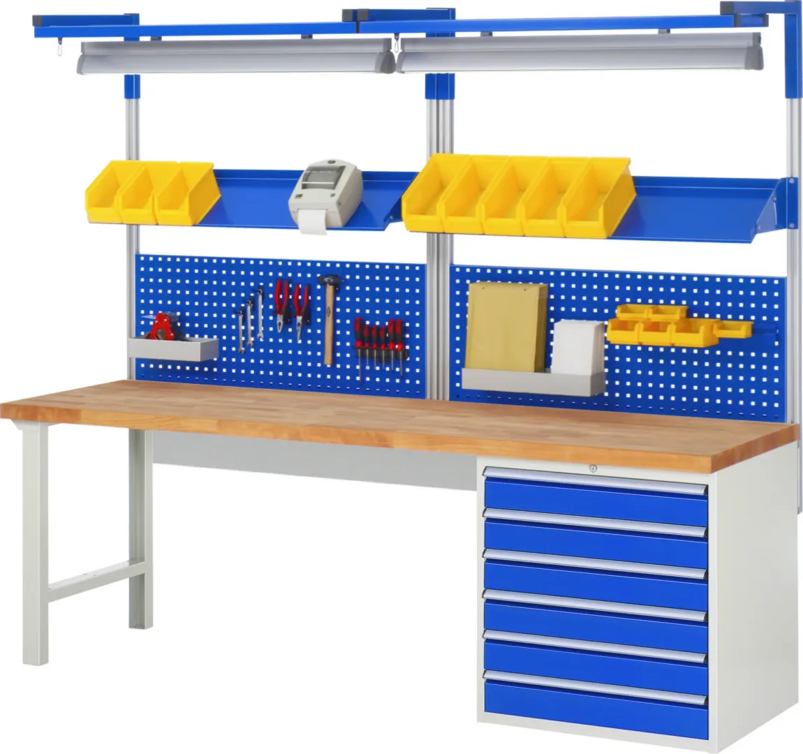 Werkbank Modell 7609,  BxTxH 2500x700x840 mm,  Buche-Massiv Arbeitsplatte 40 mm,  4 Schubladen mit  Vollauszug 100 % und  SoftClosing