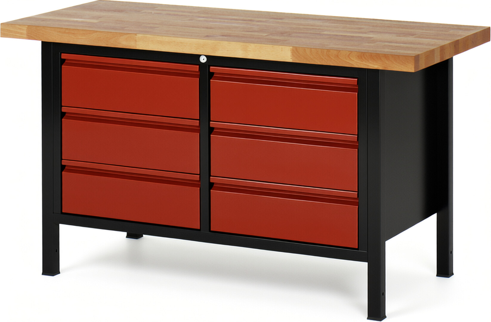 Werkbank schwarz - rot, Breite 125 cm, Tiefe 70 cm, Höhe 104 cm, 3 Schublade(n), Platte: Buche-Massiv-Arbeitsplatte