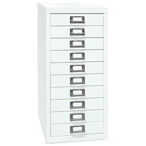 Schubladenschrank aus Stahl, BxTxH 279x380x590 mm, 10 Schubladen 51 mm, DIN A4, verkehrsweiß