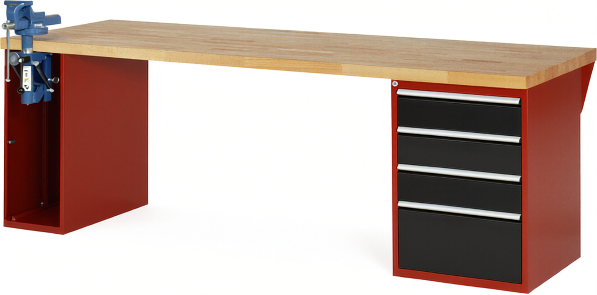 Werkbank Modell 7510 rot - schwarz, BxTxH 2500x900x840 mm,  Buche-Massiv Arbeitsplatte 40 mm,  4 Schubladen mit  Vollauszug 100 % und  SoftClosing