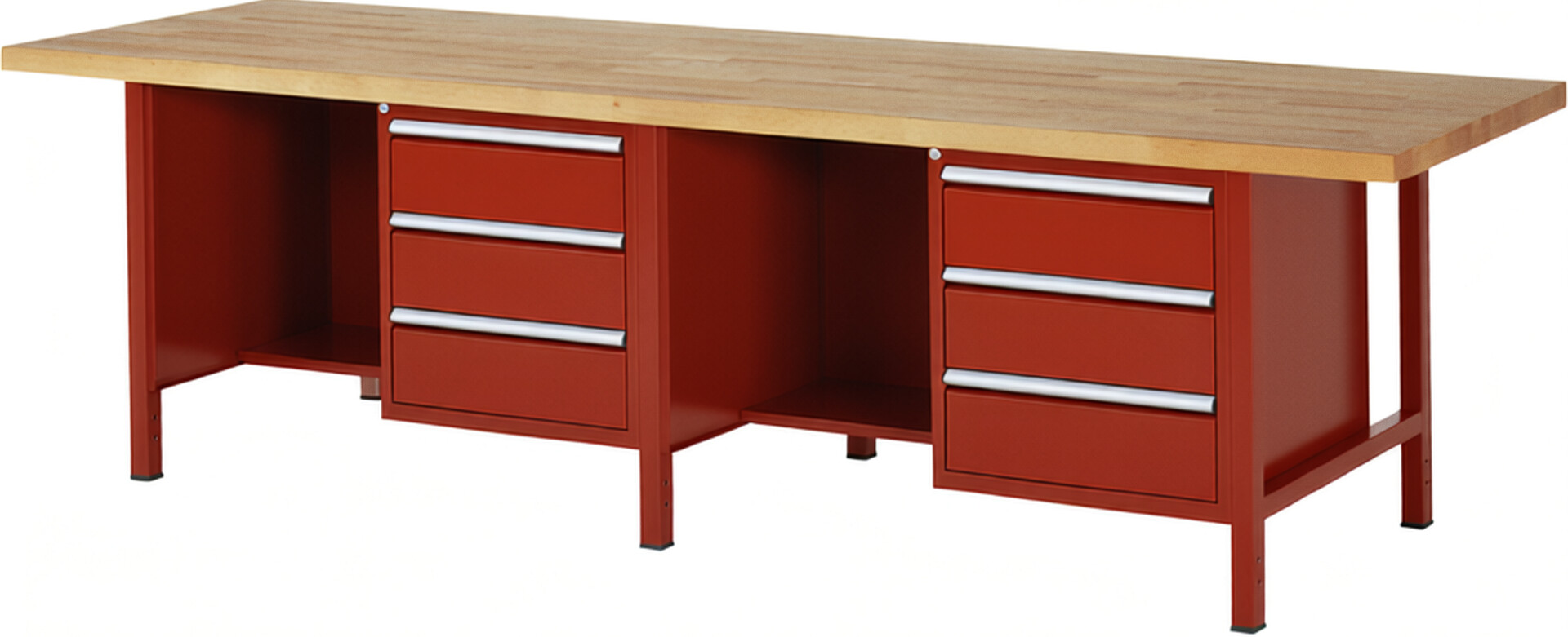 Werkbank Modell 8452 rot, BxTxH 3000x900x840-1040 mm,  Buche-Massiv Arbeitsplatte 40 mm,  6 Schubladen mit  Auszug 90 %