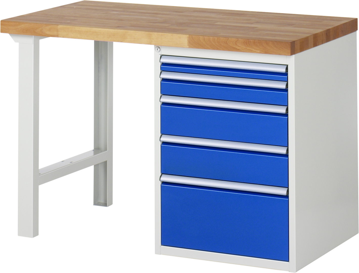 Werkbank Modell 7511 rot - schwarz, BxTxH 1250x700x840 mm,  Buche-Massiv Arbeitsplatte 40 mm,  5 Schubladen mit  Vollauszug 100 % und  SoftClosing