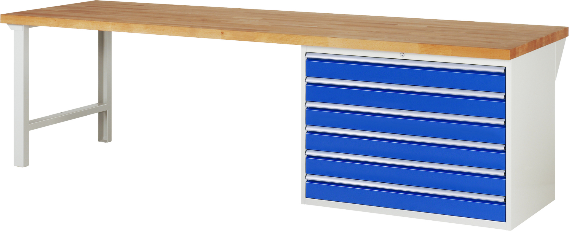 Werkbank Modell 7716 rot - schwarz, BxTxH 3000x900x890 mm,  Buche-Massiv Arbeitsplatte 40 mm,  6 Schubladen mit  Auszug 90 %