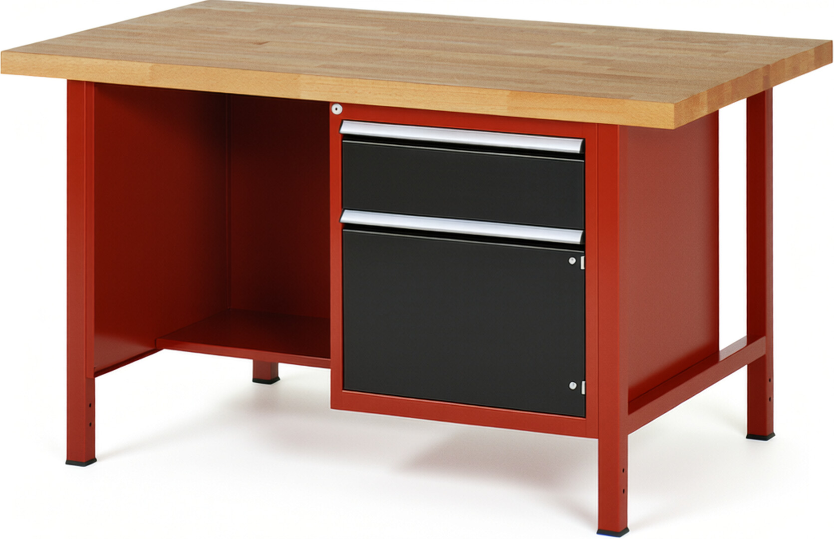 RAU Werkbank rot - schwarz - Breite 150 cm - Tiefe 90 cm - Höhe 104 cm - Buche-Massiv Arbeitsplatte 40 mm