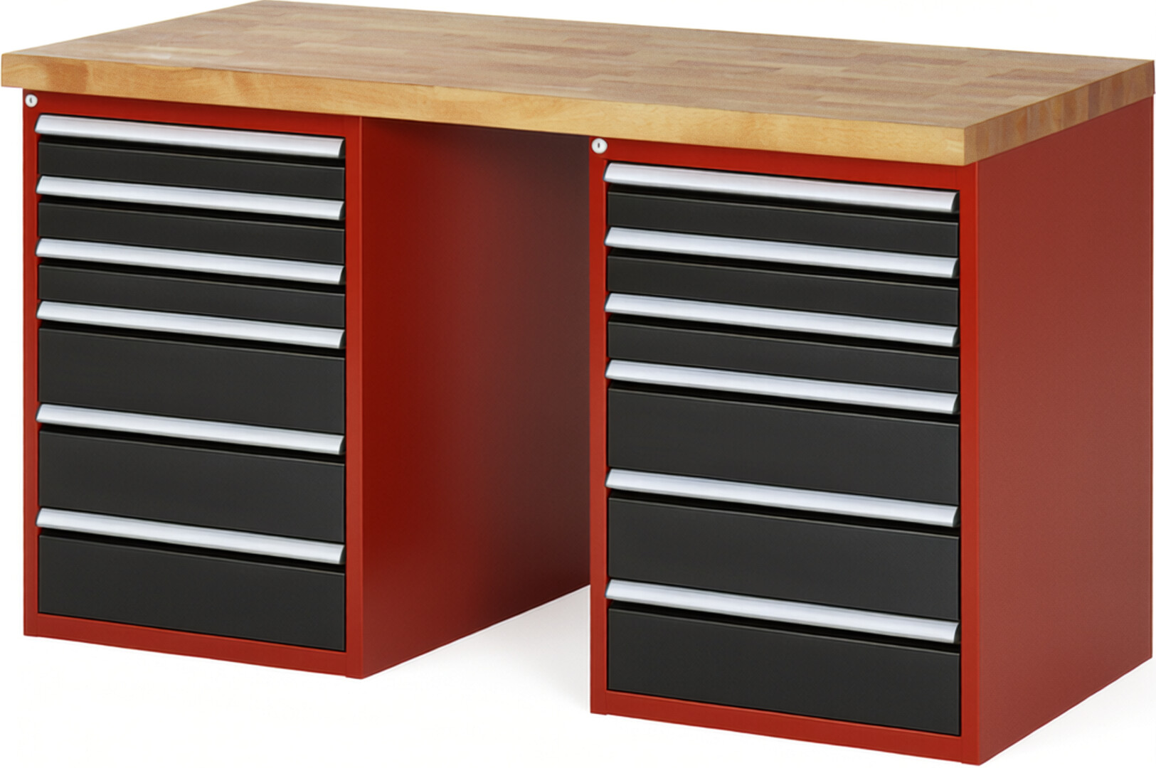 Werkbank Modell 7515 rot - schwarz, BxTxH 1500x700x890 mm,  Buche-Massiv Arbeitsplatte 40 mm,  12 Schubladen mit  Vollauszug 100 % und  SoftClosing