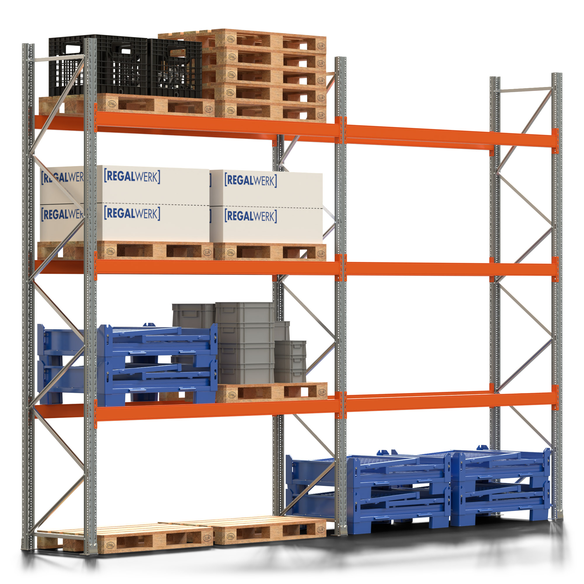 Palettenregal ARTUS - Breite 565,5 cm - Höhe 400 cm - Tiefe 80 cm - 3 Träger-Ebenen - Fachlast 2000 kg - 16 Palettenstellplätze