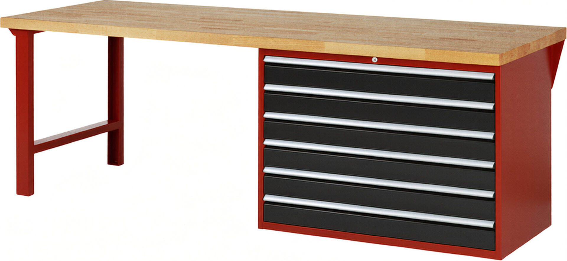 Werkbank Modell 7716 rot - schwarz, BxTxH 2500x900x890 mm,  Buche-Massiv Arbeitsplatte 40 mm,  6 Schubladen mit  Auszug 90 %