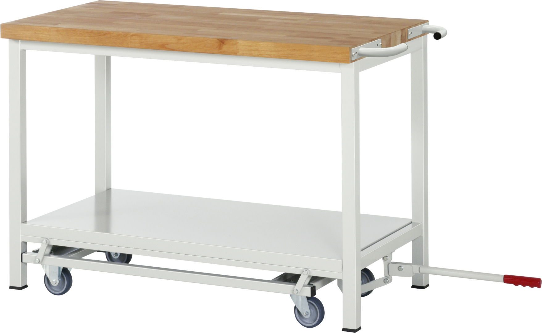 Absenkbare Werkbank Modell 8257 rot, BxTxH 1500x700x880 mm,  Buche-Massiv Arbeitsplatte 40 mm,  3 Schubladen mit  Vollauszug 100 % und  SoftClosing