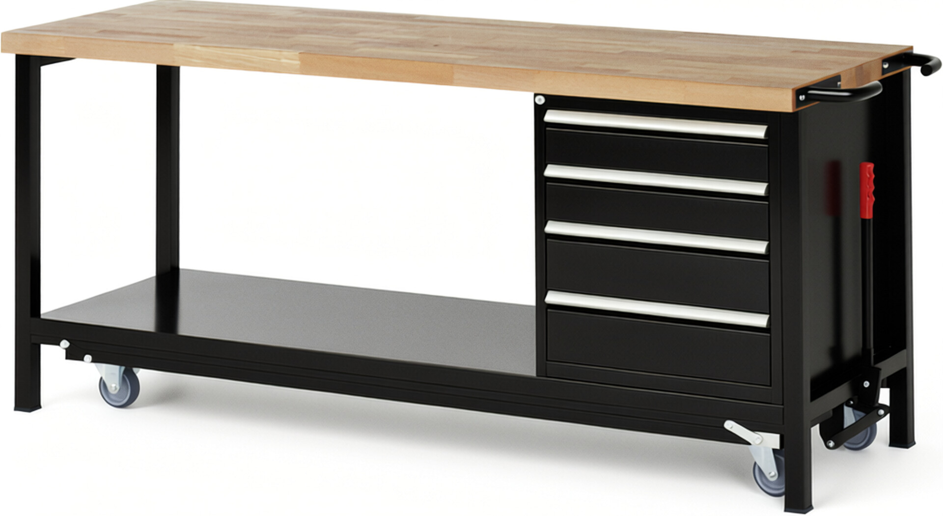 Absenkbare Werkbank Modell 8162 schwarz, BxTxH 2000x700x880 mm,  Buche-Massiv Arbeitsplatte 40 mm,  4 Schubladen mit  Vollauszug 100 % und  SoftClosing