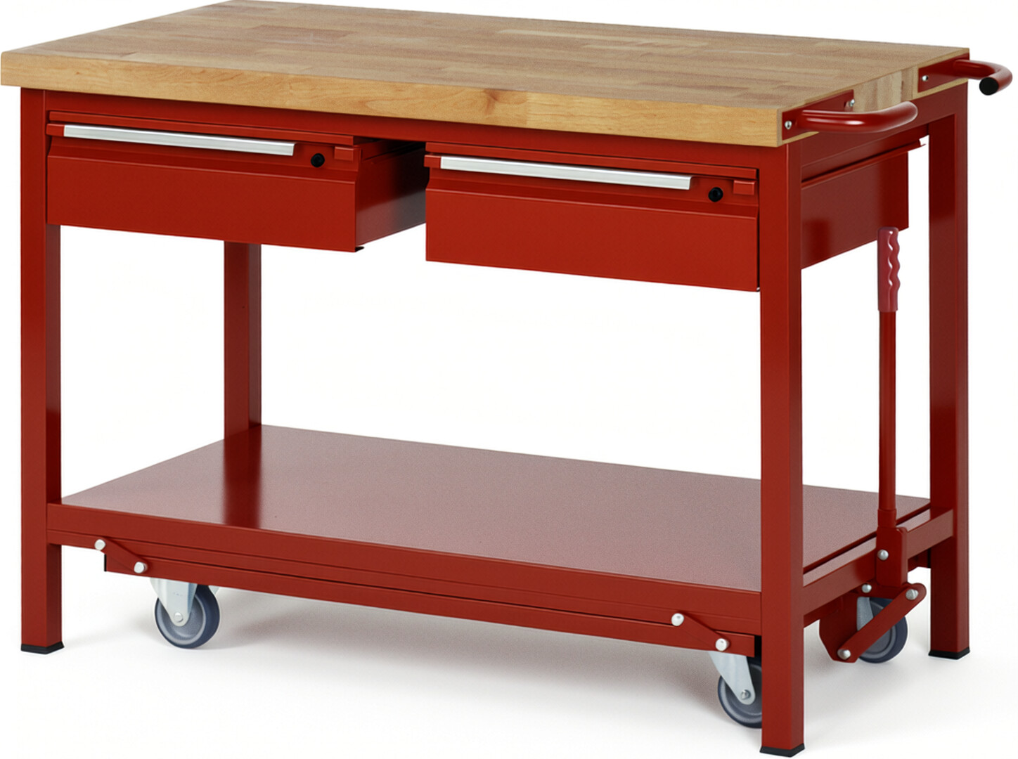 Absenkbare Werkbank - Modell 8002 BASIC rot, BxTxH 1250x700x880 mm,  Buche-Massiv Arbeitsplatte 40 mm,  2 Schubladen mit  Auszug 90 %