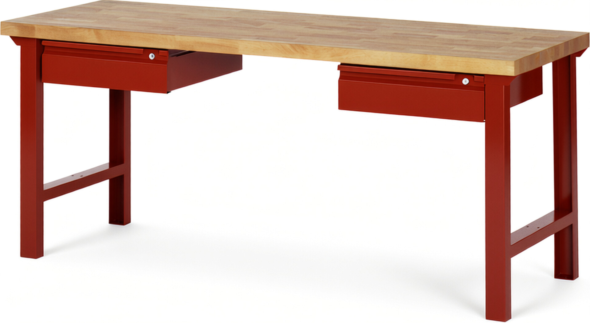 Werkbank - Modell 7002 BASIC rot, BxTxH 2000x700x840 mm,  Buche-Massiv Arbeitsplatte 40 mm,  2 Schubladen mit  Auszug 90 %