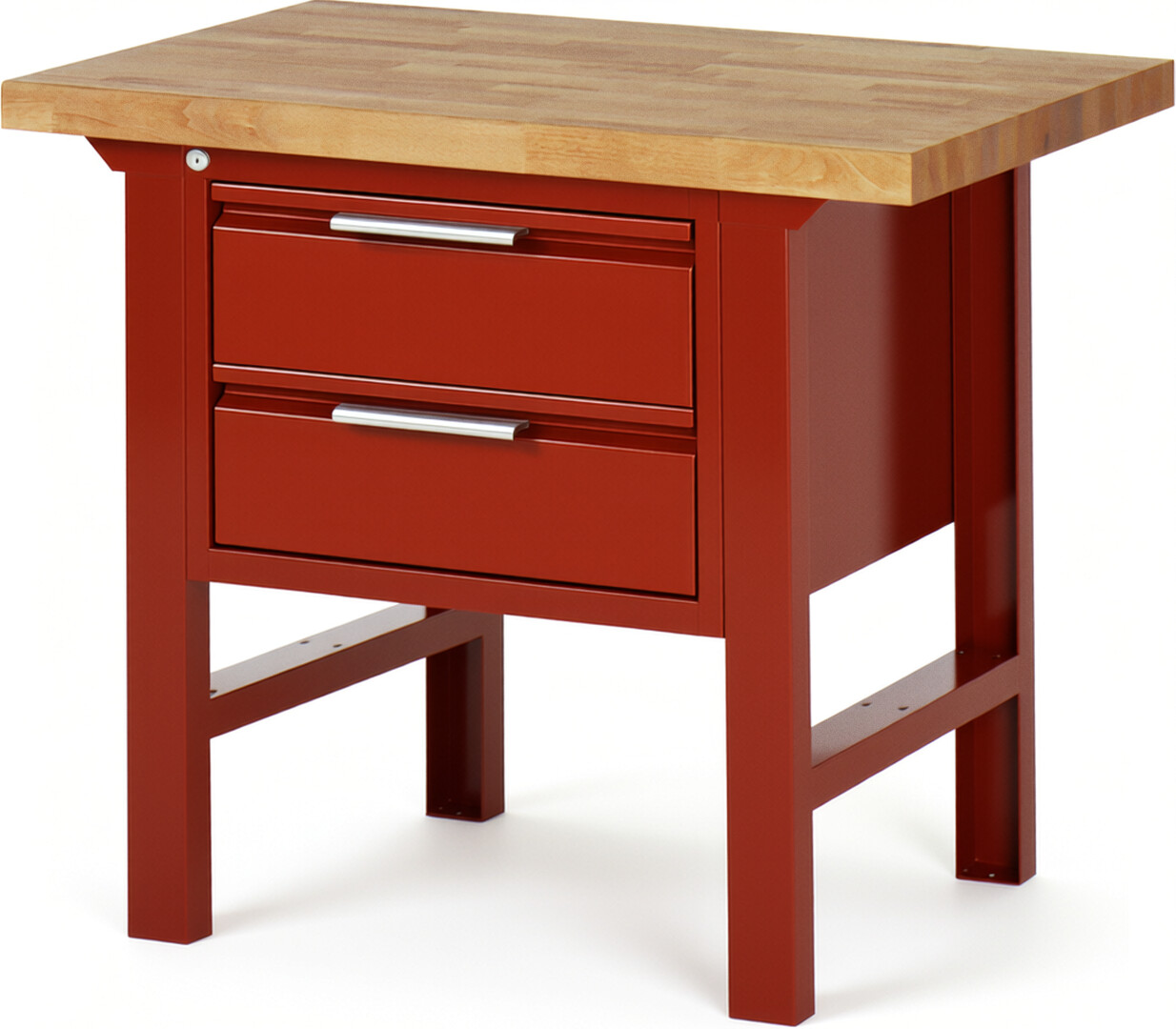 Werkbank rot, BxTxH 1000x700x840 mm, Platte Buche 40 mm, 2 Schubladen 180 mm, RAL 3000/3000