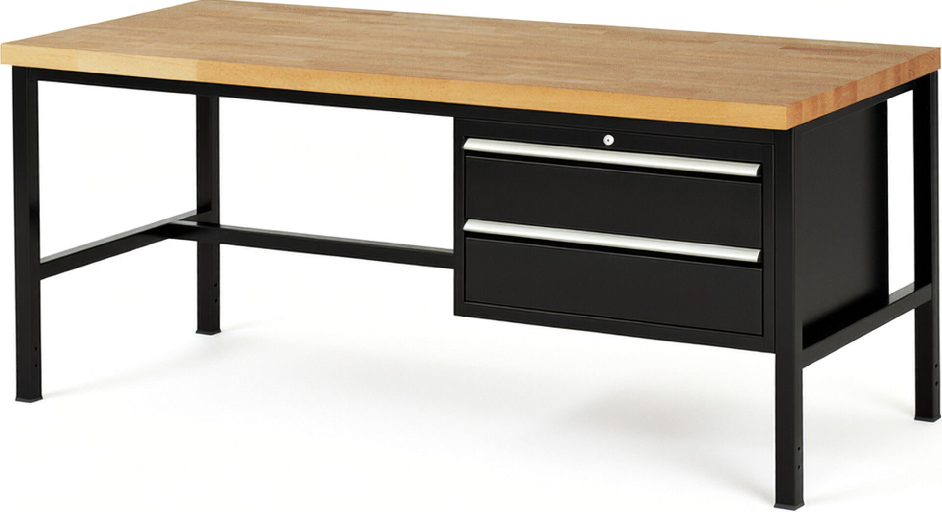 Werkbank Modell 8225 schwarz, BxTxH 2000x900x840-1040 mm,  Buche-Massiv Arbeitsplatte 40 mm,  2 Schubladen mit  Auszug 90 %