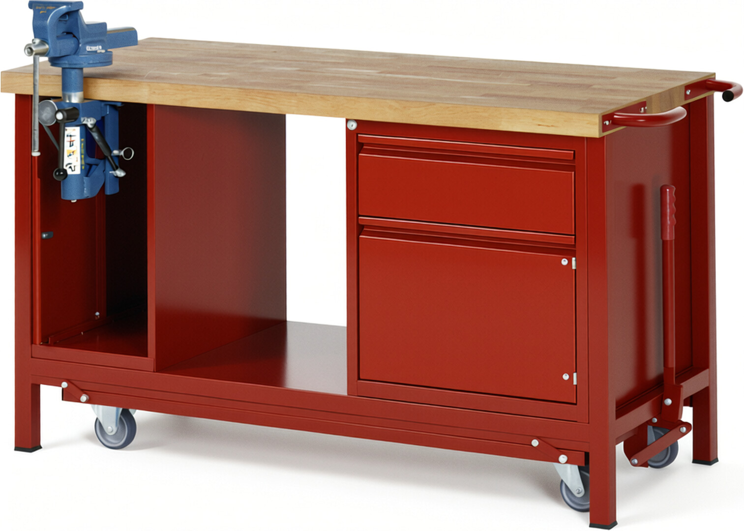 Absenkbare Werkbank - Modell 8181 BASIC rot, BxTxH 1500x700x880 mm,  Buche-Massiv Arbeitsplatte 40 mm,  1 Schublade mit  Auszug 90 %
