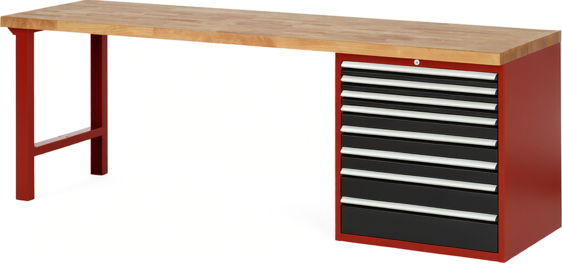 Werkbank Modell 7619 rot - schwarz, BxTxH 2500x700x840 mm,  Buche-Massiv Arbeitsplatte 40 mm,  8 Schubladen mit  Auszug 90 %