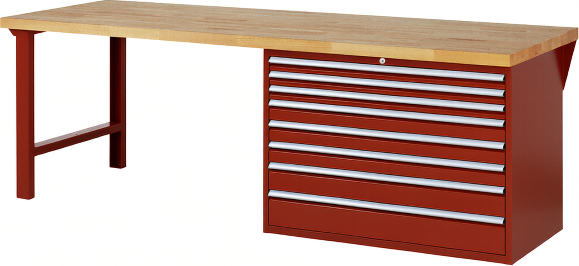 RAU Werkbank rot - Breite 250 cm - Tiefe 90 cm - Höhe 84 cm - Buche-Massiv Arbeitsplatte 40 mm