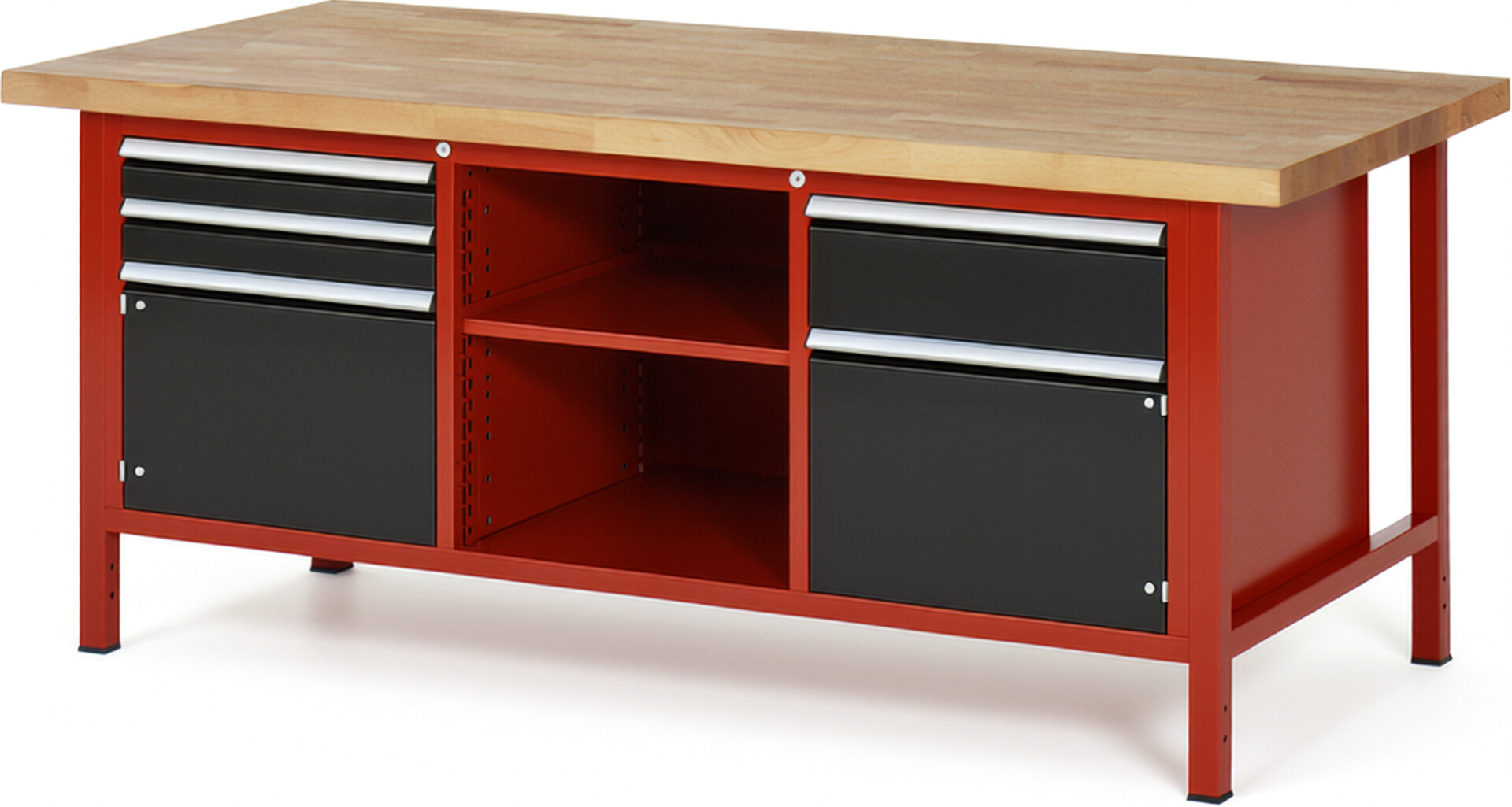 Werkbank Modell 8562 rot - schwarz, BxTxH 2000x900x840-1040 mm,  Buche-Massiv Arbeitsplatte 40 mm,  3 Schubladen mit  Vollauszug 100 % und  SoftClosing