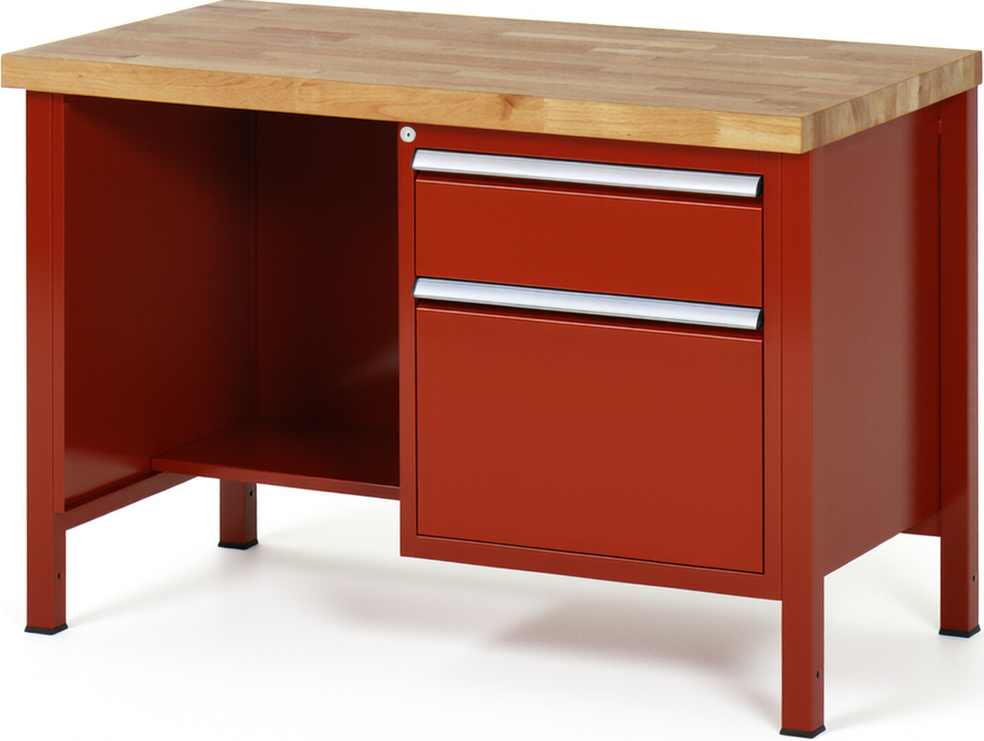 Werkbank Modell 8451 rot, BxTxH 1250x700x840 mm,  Buche-Massiv Arbeitsplatte 40 mm,  2 Schubladen mit  Auszug 90 %