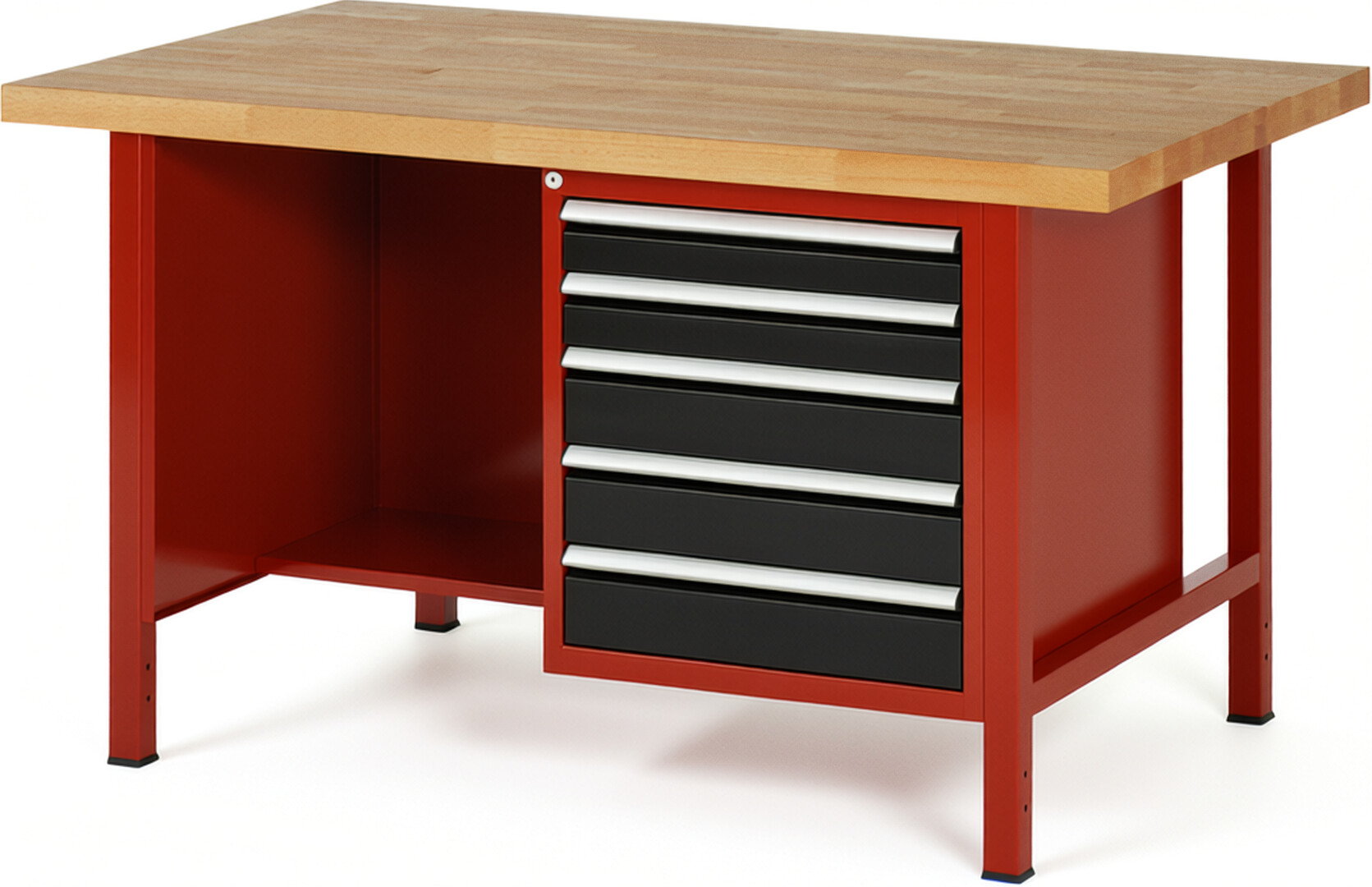 RAU Werkbank rot - schwarz - Breite 150 cm - Tiefe 90 cm - Höhe 84 cm - Buche-Massiv Arbeitsplatte 40 mm