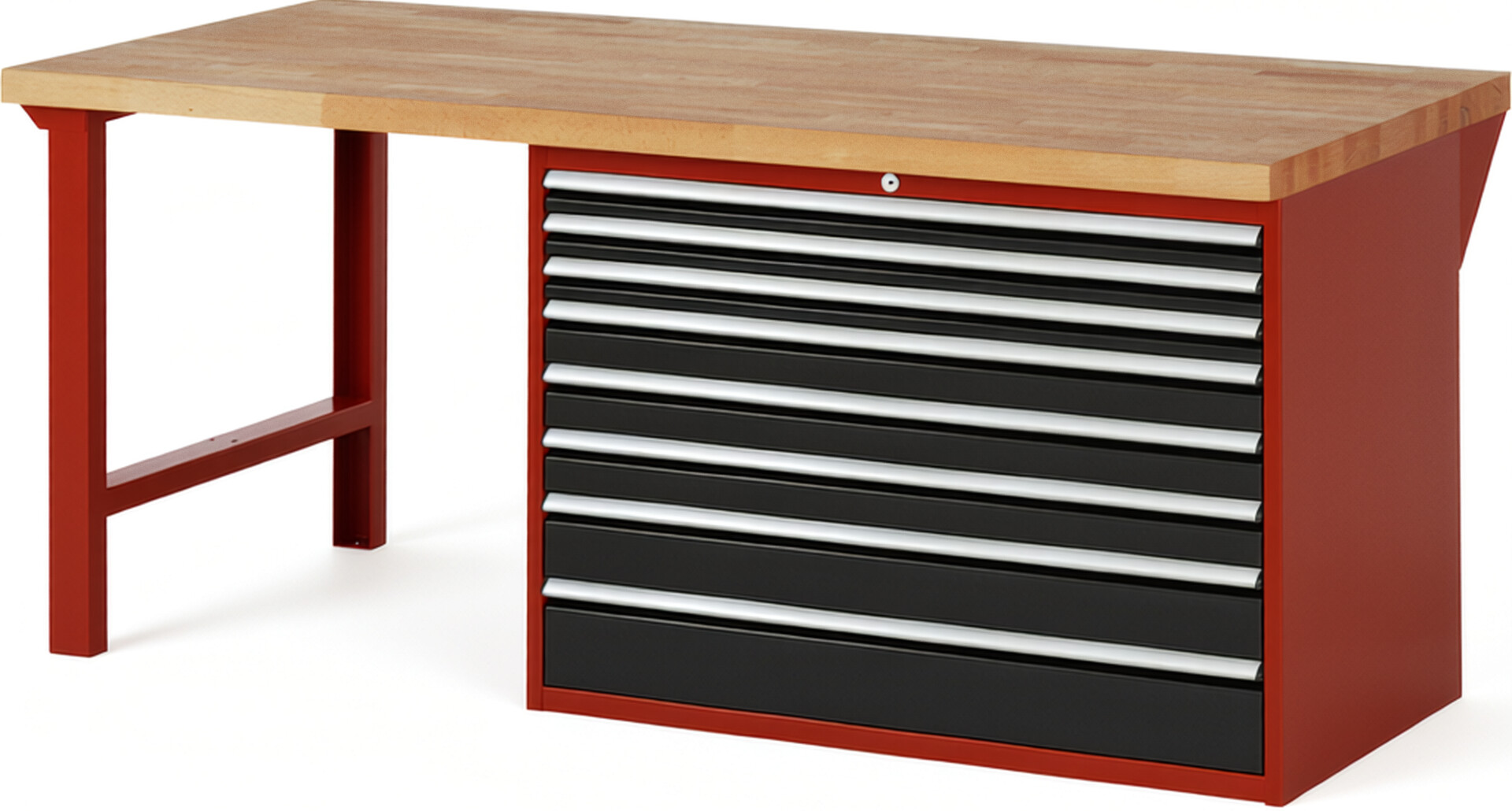 RAU Werkbank rot - schwarz - Breite 200 cm - Tiefe 90 cm - Höhe 84 cm - Buche-Massiv Arbeitsplatte 40 mm