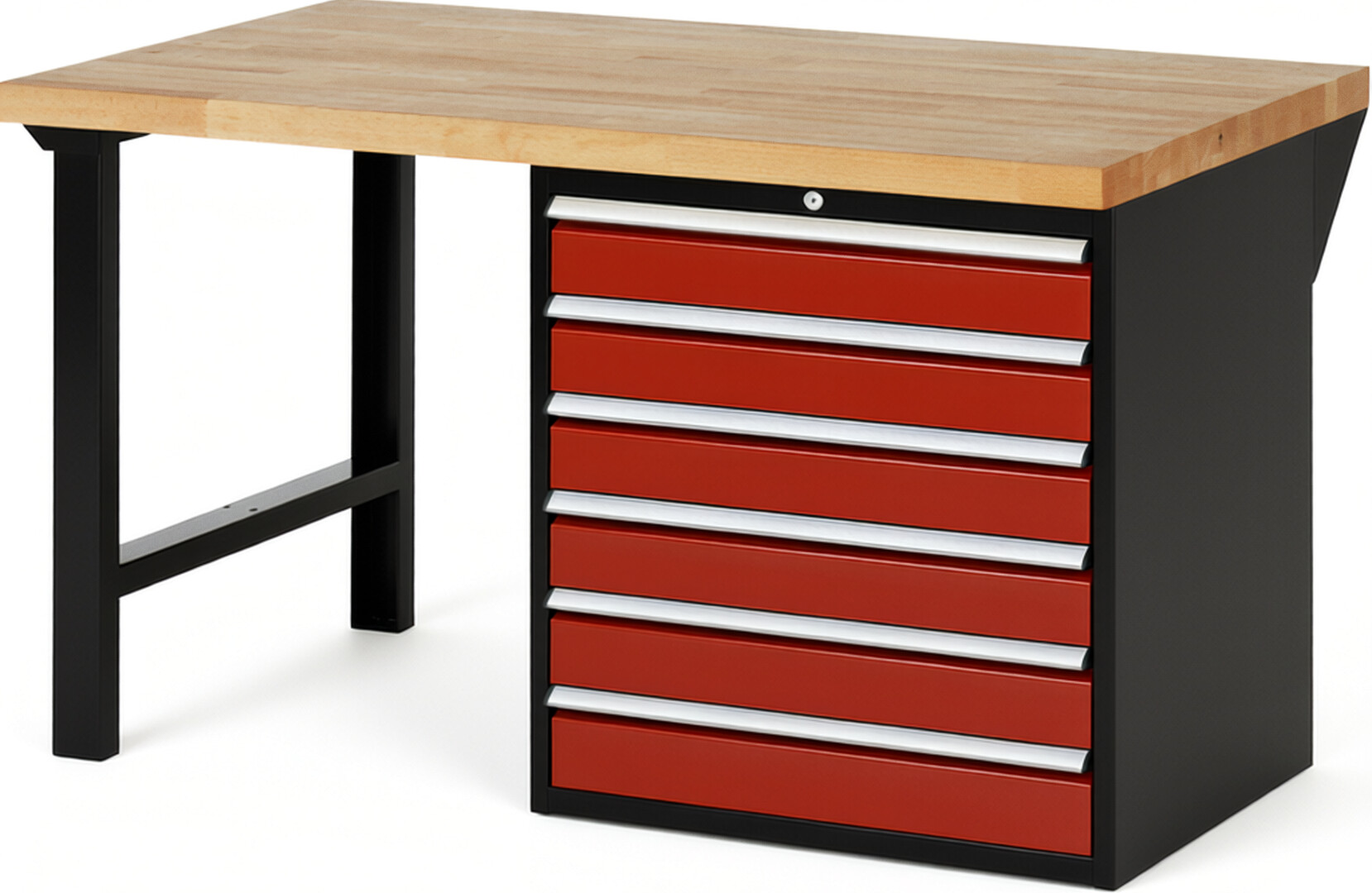 RAU Werkbank schwarz - rot - Breite 150 cm - Tiefe 90 cm - Höhe 84 cm - Buche-Massiv Arbeitsplatte 40 mm