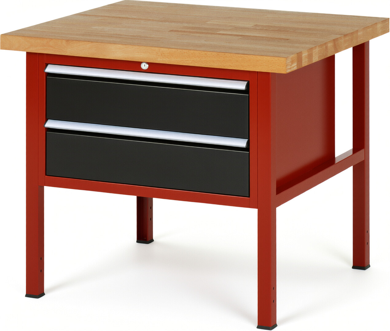 Werkbank Modell 8225 rot - schwarz, BxTxH 1000x900x840-1040 mm,  Buche-Massiv Arbeitsplatte 40 mm,  2 Schubladen mit  Vollauszug 100 % und  SoftClosing