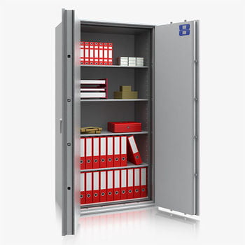 Dokumententresor, Geldschrank, Safe, VdS Klasse 1, 60 Minuten feuerfest, Türen 2-flügelig, 4 Fachböden, 1.884 x 975 x 559 mm (HxBxT), lichtgrau