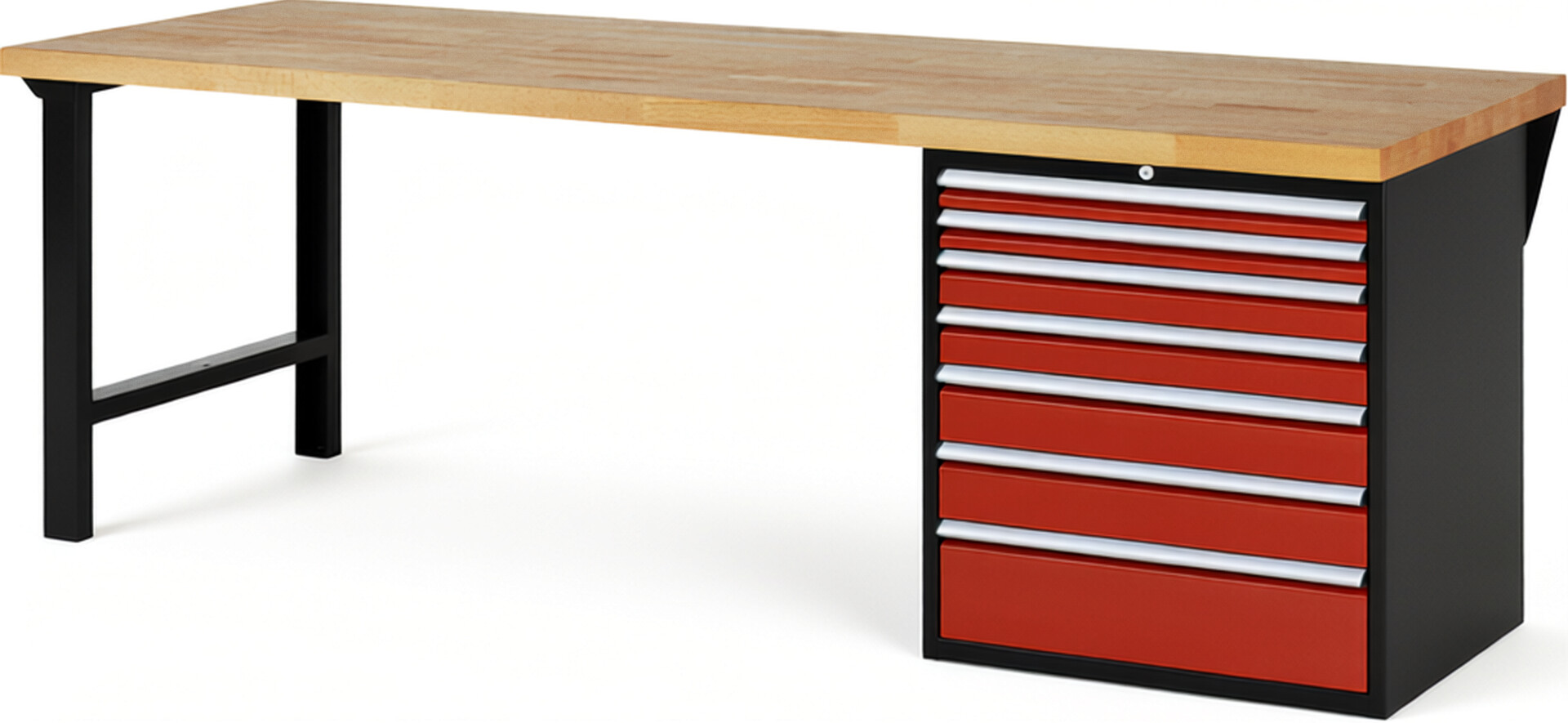 RAU Werkbank schwarz - rot - Breite 250 cm - Tiefe 90 cm - Höhe 89 cm - Buche-Massiv Arbeitsplatte 40 mm